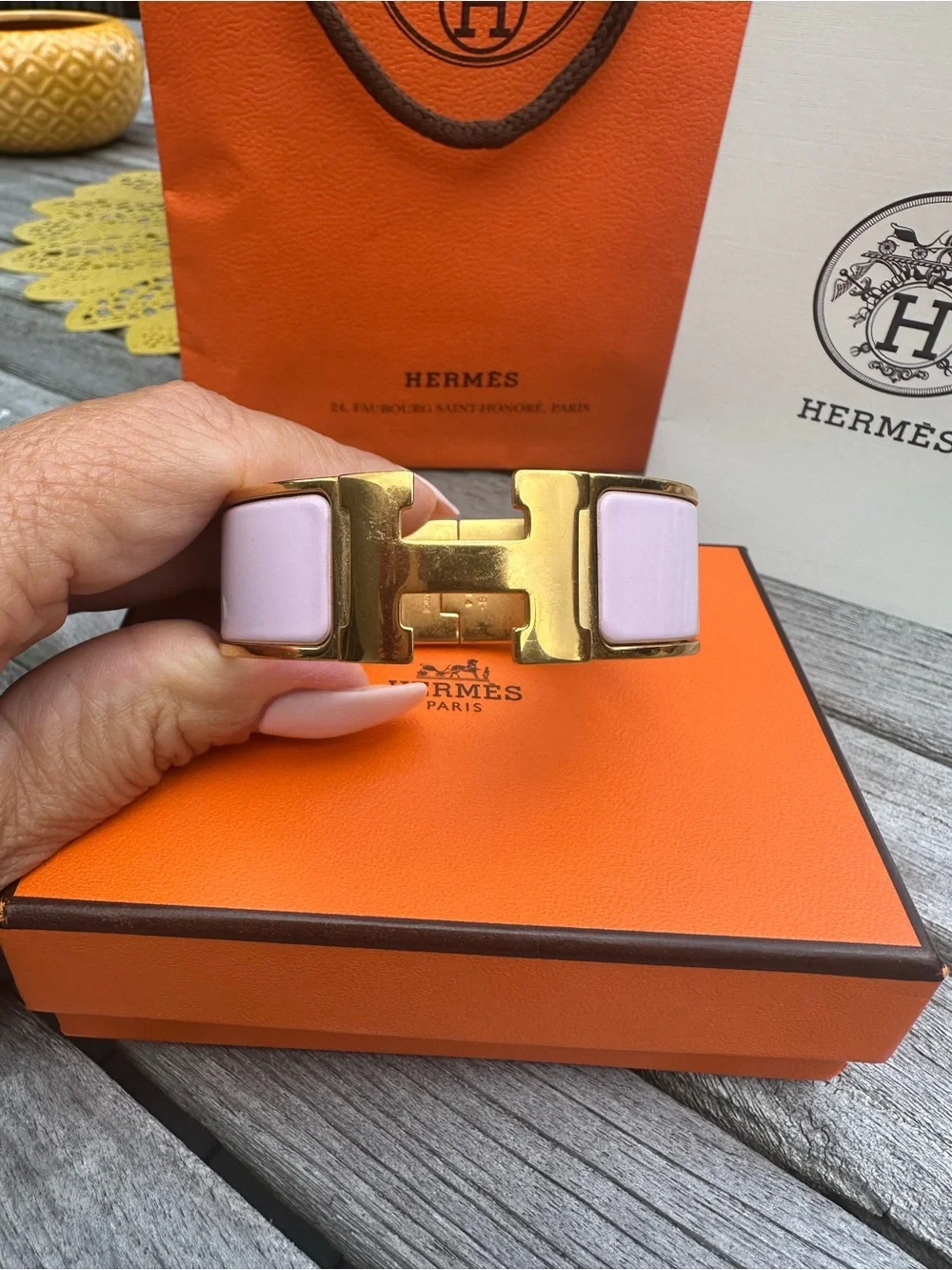 Hermes Pink Enamel H Bracelet with Gold Hardware PM